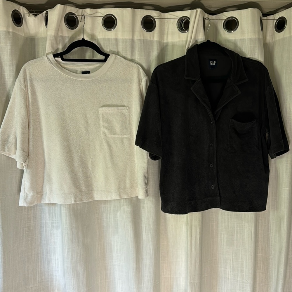 Two terry cloth GAP tops, women’s size medium. One white/one navy